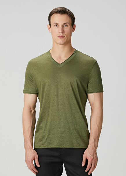 Slim Fit Wooster Yeşil V Yaka Keten T-shirt