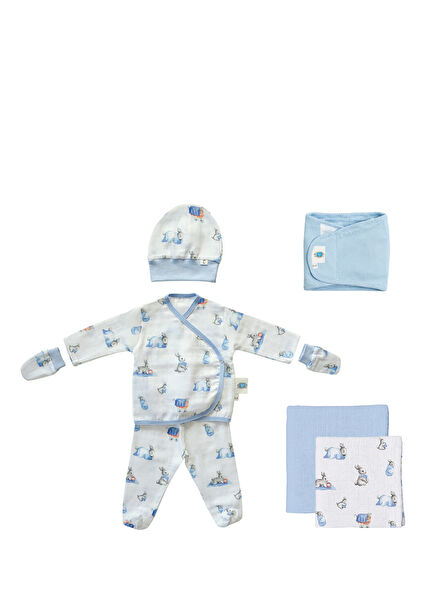 %100 Pamuk Bebe Lapin Pamuklu 7 Parça Yenidoğan Erkek Bebek Hastane Çıkışı Seti 