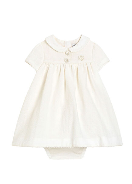 Beyaz Logolu Düğmeli Kız Bebek Keten Elbise