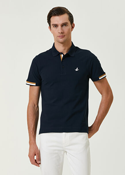 Slim Fit Lacivert Polo Yaka Şerit Detaylı T-shirt