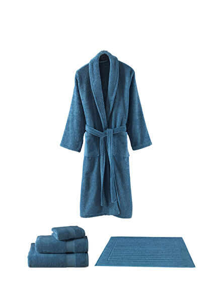 Sicilia Mavi Pamuklu 5'li Havlu Bornoz Seti