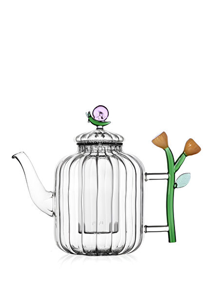 Glass Teapot with Snail and Flower Figures