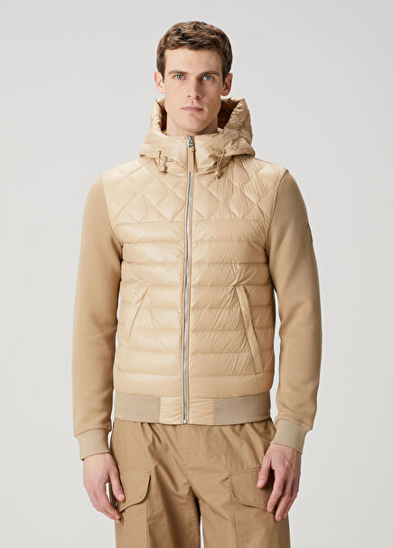Bej Kapüşonlu Kapitone Garnili Mont