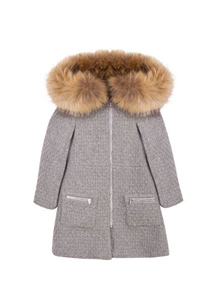 Gri Yün Kapüşonlu Kız Çocuk Kaban