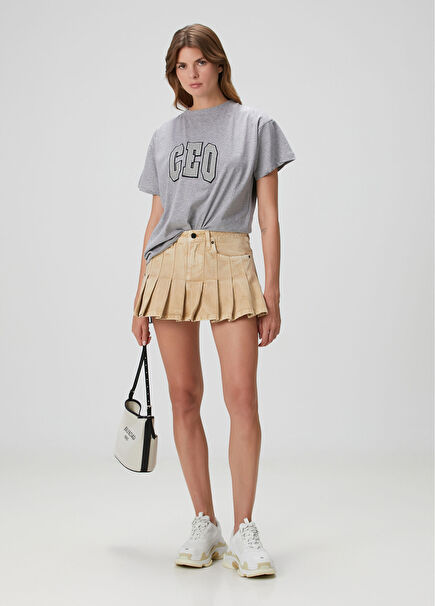 Bej Pileli Mini Denim Etek