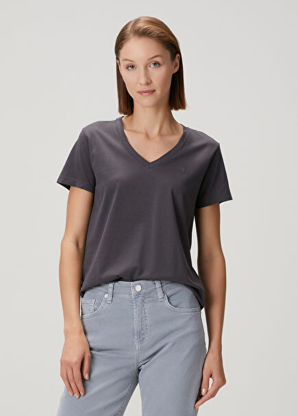 Antrasit V Yaka Dökümlü T-shirt
