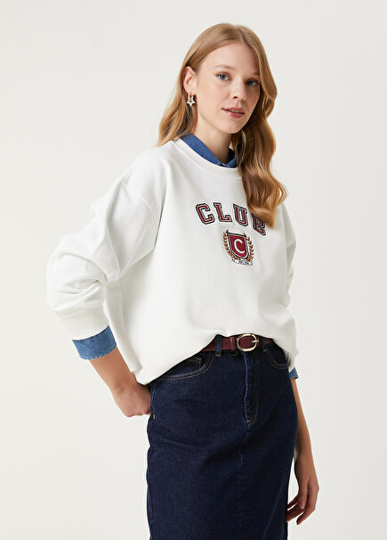 Club Logo White Embroidered Basic Sweatshirt