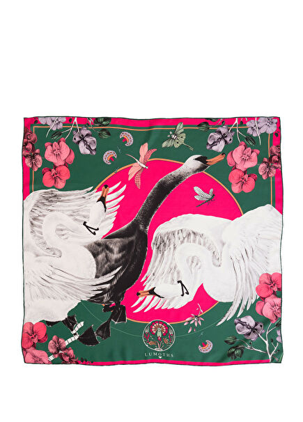 Cabala Swans and Orchids Forest Green Silk Twill Women's Scarf 135 cm