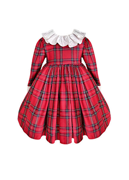 Red Plaid Collar Detailed Girl's Dress