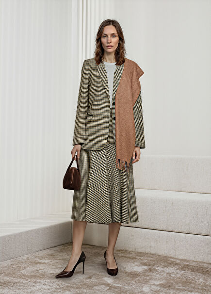 Bej Desenli Yün Karışımlı Midi Etek