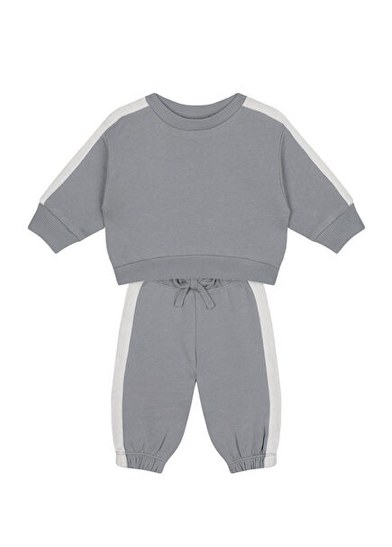 Gri  Beyaz Kontrastlı Sweatshirt ve Pantolon Erkek Bebek 2'li Set