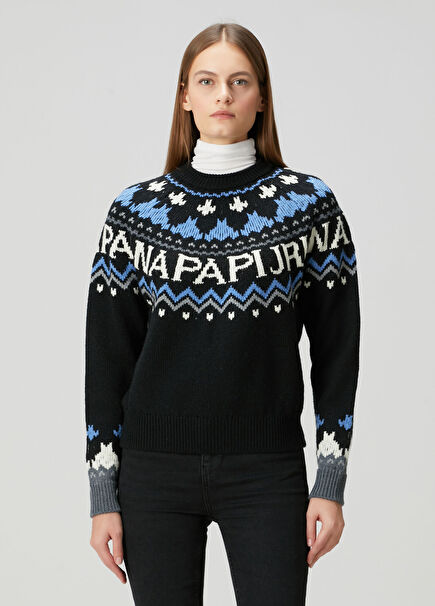 D-Fiames Blue Black Jacquard Wool Sweater