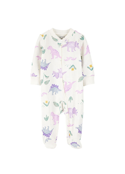 Desenli Ekru Uzun Kollu Kız Bebek Uyku Tulumu