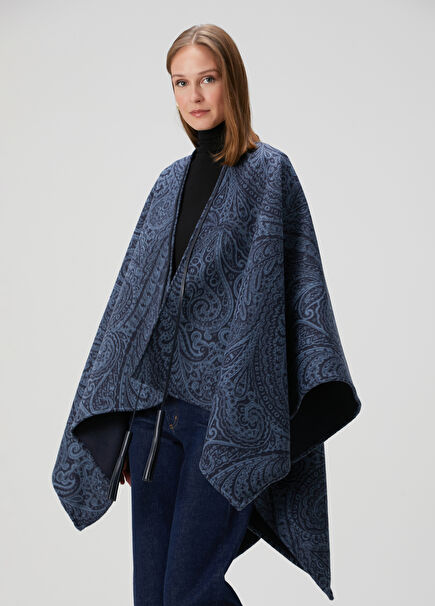 Mavi Desenli Yün Pelerin