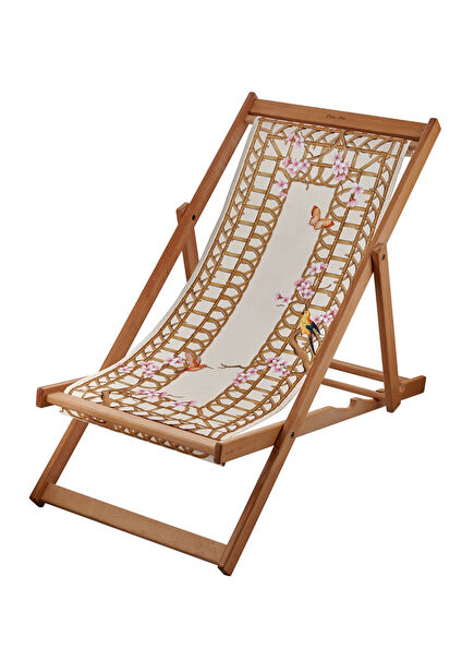 Sakura Krem Hasır Desenli Ahşap Şezlong