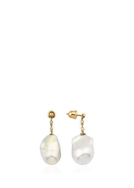 Barok İnci Sallantılı Pırlantalı 14 Ayar Altın Kadın Küpe