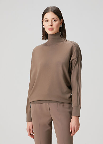 Brown Zipper Detailed Sweater