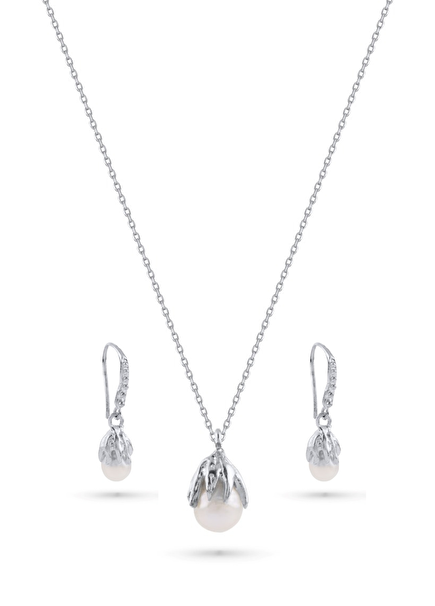 Daisy 925 Ayar Gümüş Kadın İnci Kolye ve Küpe Seti