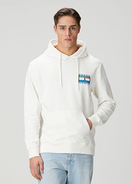Regular Fit Beyaz Kapüşonlu Sweatshirt