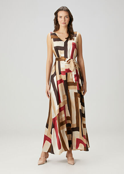 Multicolored Geometric Patterned Maxi Silk Dress