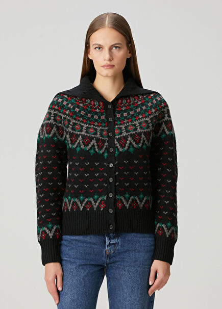 Siyah Jakarlı Yün Hırka