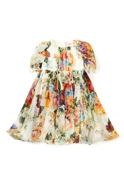 Çok Renkli Desenli Kız Bebek İpek Şifon Elbise