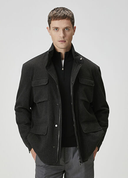 Gri Kapüşonlu Yün Mont