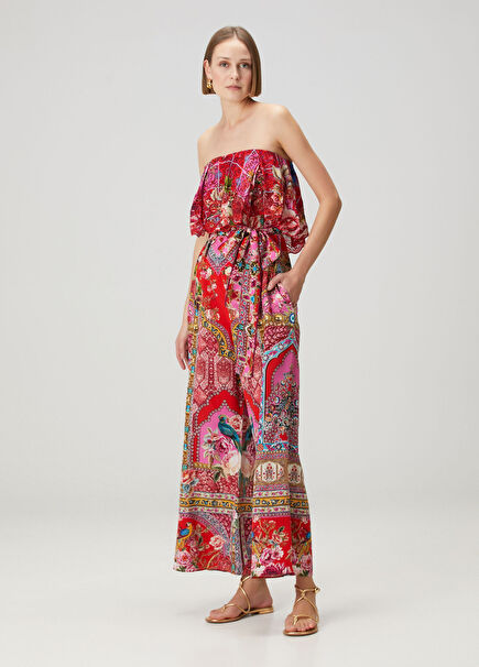 Kırmızı Çiçekli İpek Tulum