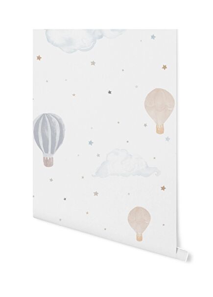 Suluboya Mavi Bej Bulut ve Balonlar Duvar Kağıdı 3x2.65 m²