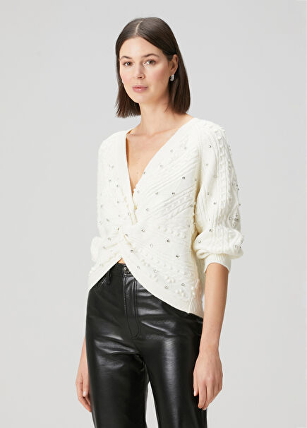Ecru Crystal Embellished Knot Detailed Sweater