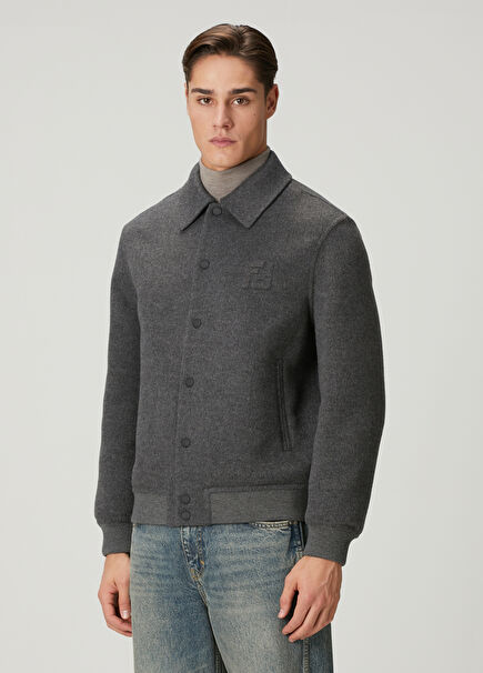 Antrasit Logo Detaylı Yün Ceket