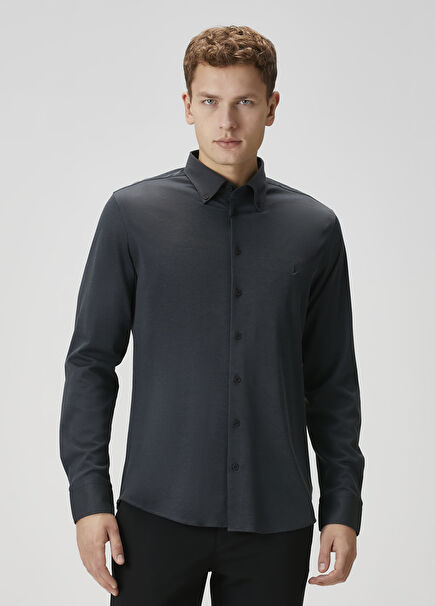 Slim Fit Antrasit Pensli Örme Gömlek