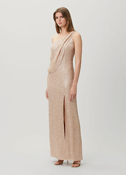 Nora Rose Gold İşlemeli Maksi Abiye Elbise