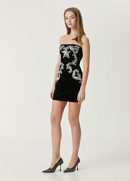 Black Embroidered Mini Velvet Cocktail Dress