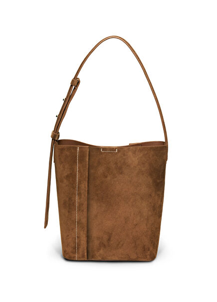 The Medium Tote Plissé Camel Suede Women's Shoulder Bag