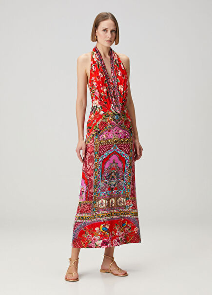 Kırmızı Çiçekli Midi Plaj Elbisesi