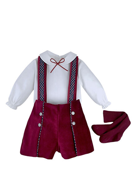 Bordo Kadife Salopet Gömlek ve Dizaltı Çorap Erkek Bebek Üçlü Set
