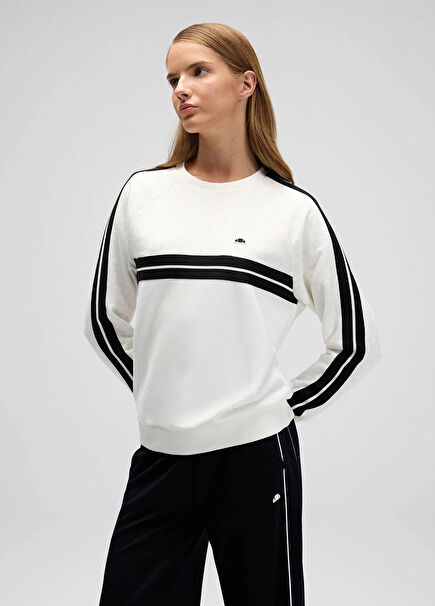 Çizgili Kırık Beyaz Kadın Sweatshirt EF536-OF