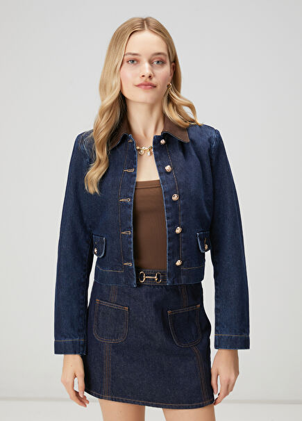 İndigo Süet Yaka Kutu Formlu Denim Ceket