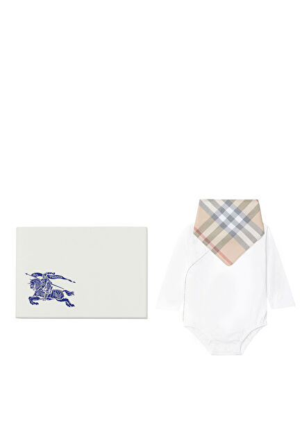 Beyaz Pamuklu Tulum ve Önlük Unisex Bebek 2'li Hediye Seti