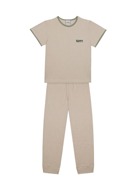 Bej Yeşil Detaylı Waffle Kumaş Kısa Kollu Erkek Çocuk Pijama Takımı