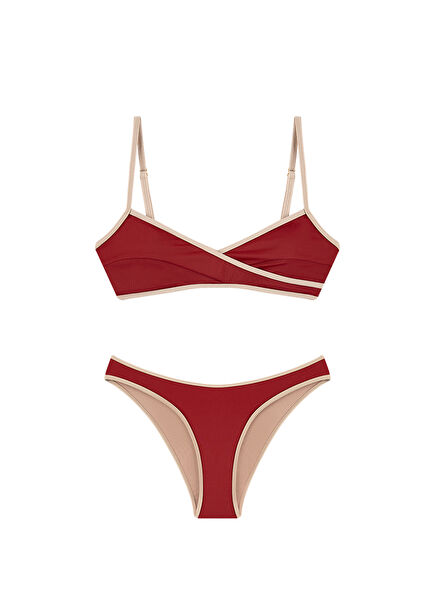 Dena Red Dahlia Women's Bikini Set with Cross Piping Straps
