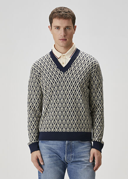 Beige Black Geometric Jacquard Wool Sweater