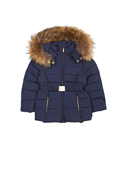 Lacivert Kapüşonlu Kız Çocuk Doudoune Mont