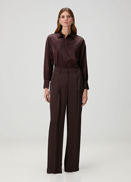 Kahverengi Wide Leg Saten Pantolon