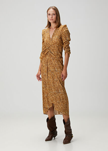 Albini Mustard Patterned Midi Silk Dress