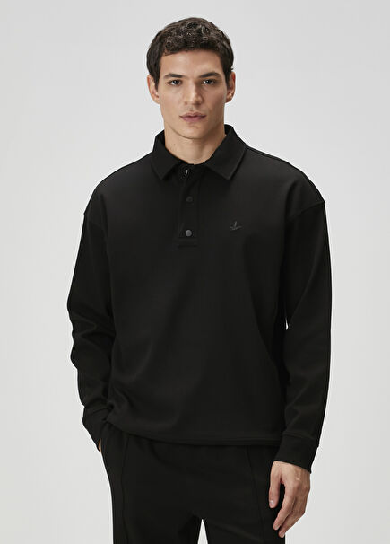 Siyah Polo Yaka Oversized Sweatshirt Siyah Polo Yaka Oversized Sweatshirt