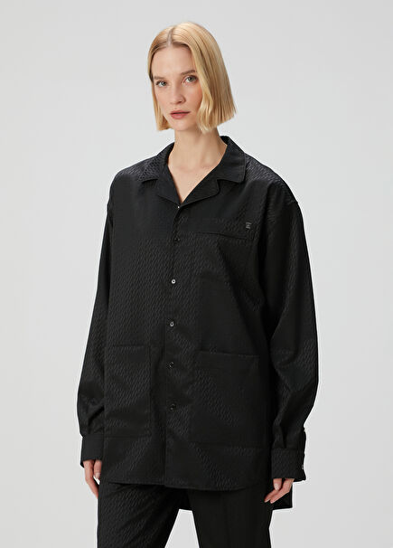 Oversized Black Jacquard Satin Pajama Shirt
