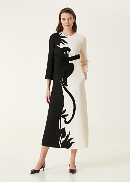 Black Cream Patterned Midi Wool Dress
