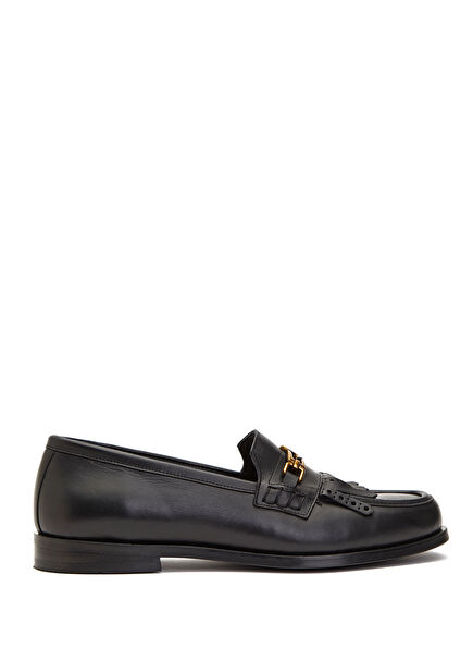 Black Chain Logo Detail Women's Leather Loafer
